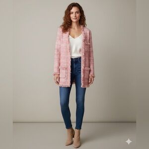 Cache Women’s Medium Pink White Fringe Knit Long Caridgan Sweater Jacket M